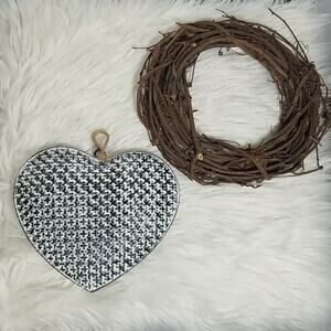 Rustic Small Wall Decor Set - Metal Heart & Grapevine Wreath - Farmhouse Style